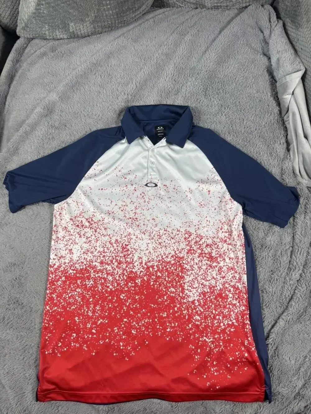 Oakley Golf Polo Shirt Mens 2XL Blue Red Splatter Print Short Sleeve Performance
